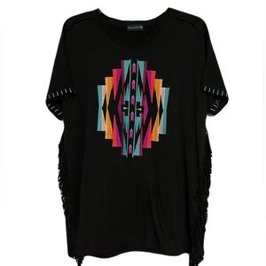 Sterling Kreek Women’s Large Black Embroidered Vneck T-Shirt Tassels Western